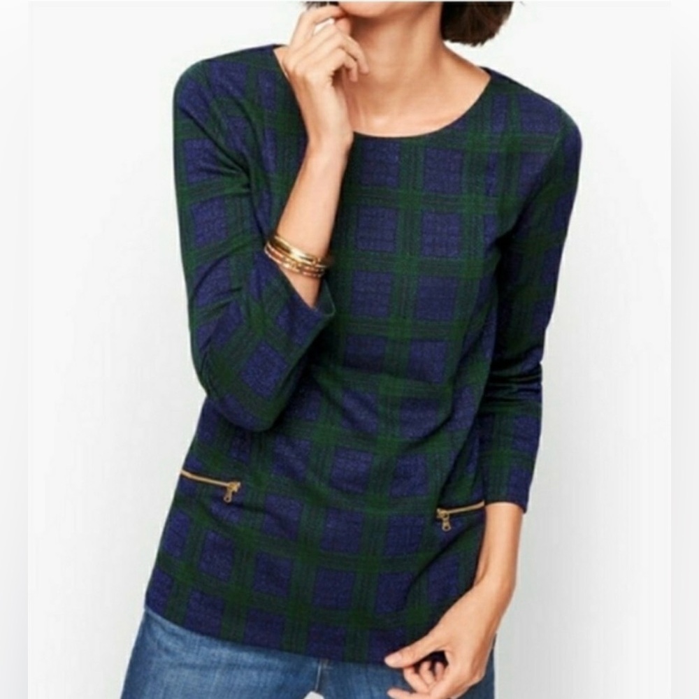 Talbots Women’s Blue Green Plaid Metallic Blouse Top Gold Accent Zippers PS